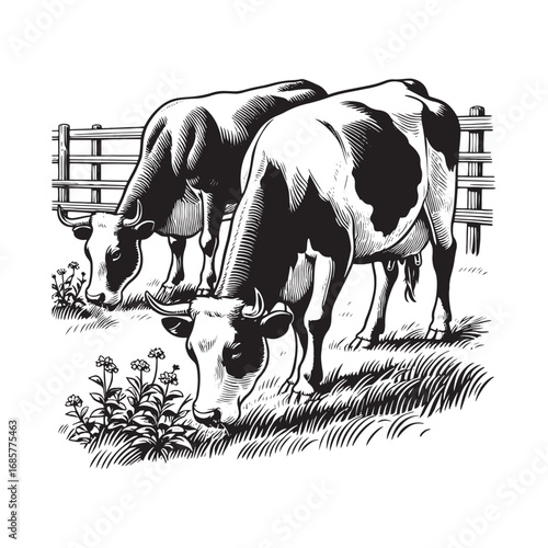 Black and White Vector Illustration of Cows Grazing in a Field