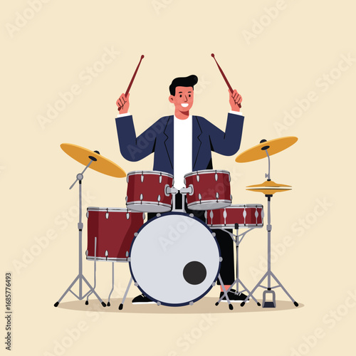 Man playing red drum set with cymbals and sticks in music performance vector illustration 