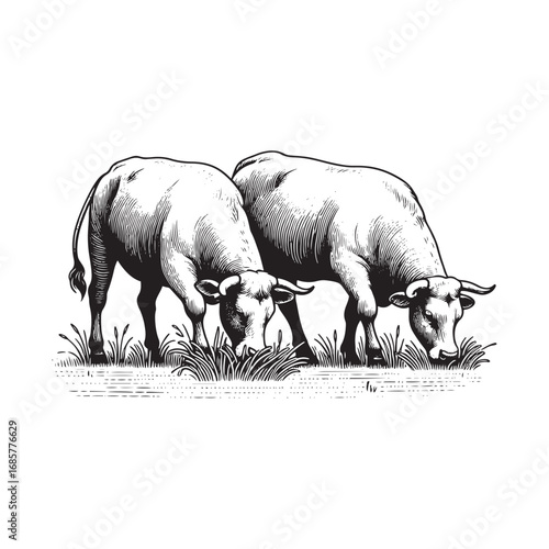 Black and White Vector Illustration of Cows Grazing in a Field