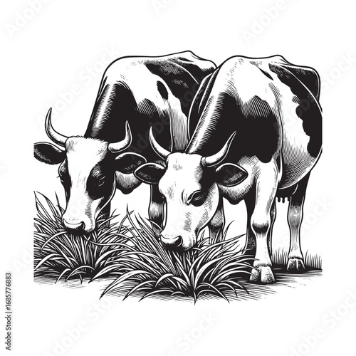 Black and White Vector Illustration of Cows Grazing in a Field