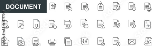 36 editable line icons document file, paper sheet, download upload, secure folder, email message, text data, print symbol, digital contract illustration