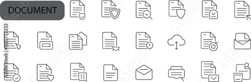 36 editable line icons document file, paper sheet, secure folder, email message, upload cloud, contract paper, text data, digital symbol illustration