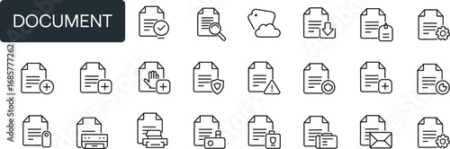 36 editable line icons document file, paper sheet, secure folder, upload download, email message, cloud storage, settings gear, print symbol illustration