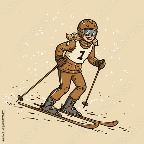 Woman skiing downhill wearing brown outfit and helmet enjoying winter sport activity vector illustration 