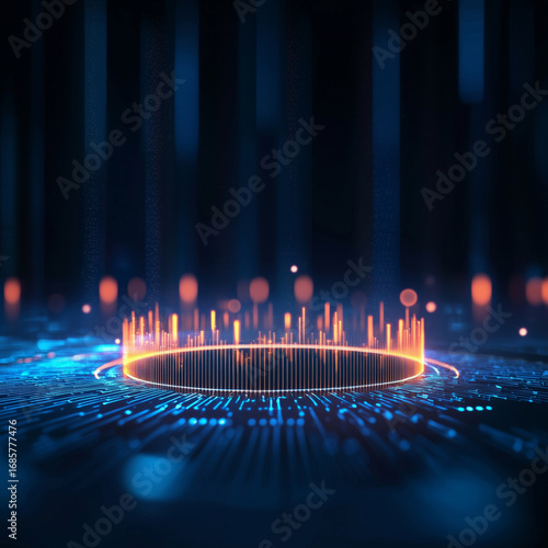 Futuristic digital landscape featuring glowing circular patterns and vibrant sound waves, creating mesmerizing visual experience