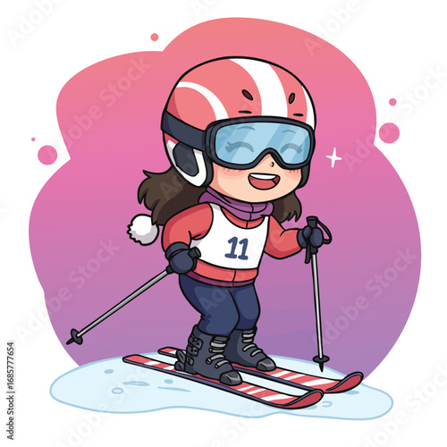 Child skiing on snow wearing red helmet and goggles enjoying winter sport activity with ski poles and boots 