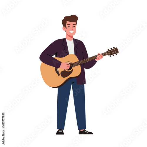 Man playing acoustic guitar standing smiling casual clothing vector illustration music hobby outdoor scene 