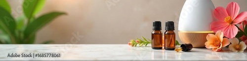 Luxurious Holistic Wellness Homeopathic Remedies, Diffuser, and Flowers on Marble