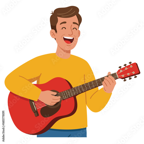 Man playing red acoustic guitar wearing yellow sweater smiling joyfully vector illustration 