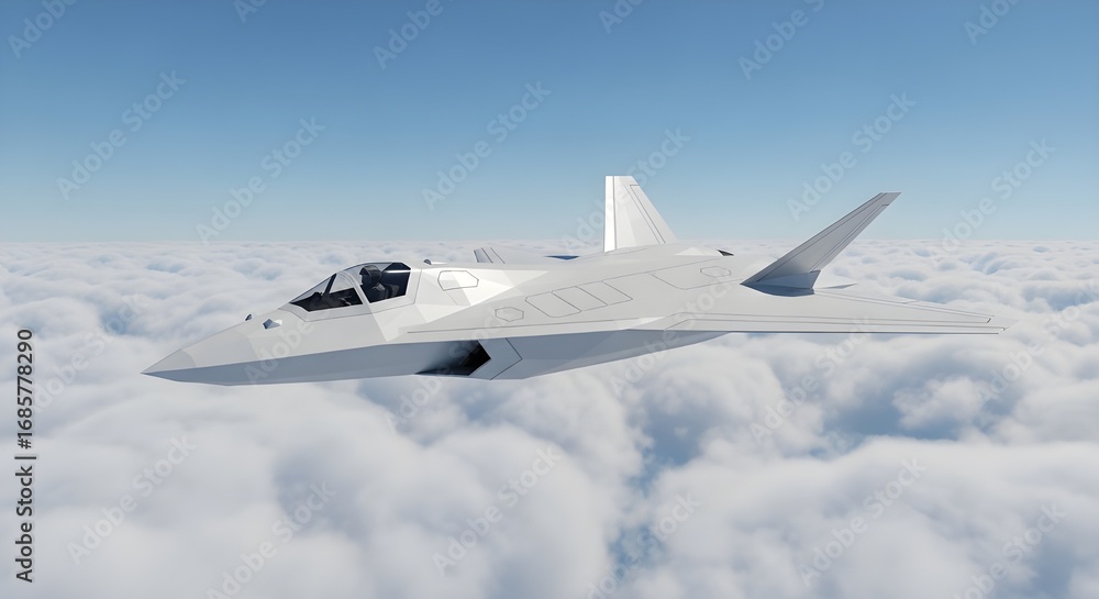 Obraz premium White Stealth Fighter Jet Flying Above Clouds Under a Blue Sky aircraft airplane