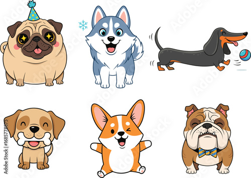Cartoon Dog Breeds, Cute Puppy Characters, Playful Pet Illustrations, Fun Animal Clipart, Happy Dog Graphics, Adorable Canine Icons