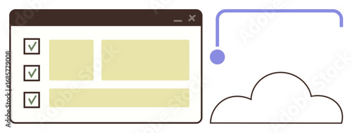 Browser window with a checklist and highlighted fields connected to a cloud icon. Ideal for productivity, cloud storage, workflow, automation, organization, task tracking, simple flat metaphor