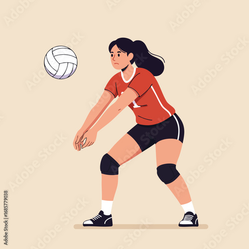 Female volleyball player in red jersey hitting ball in indoor court action illustration 
