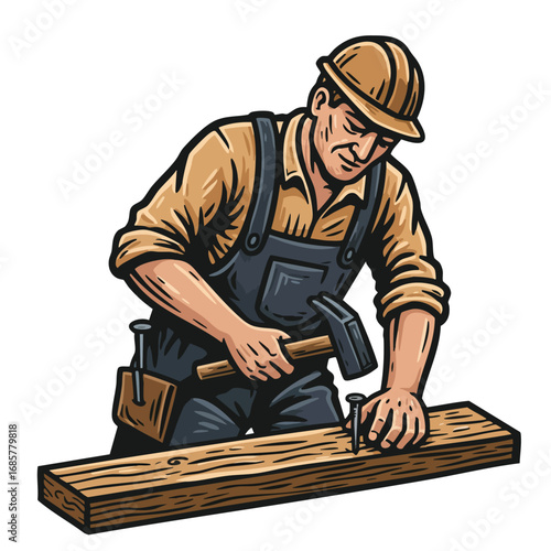 Construction worker hammering nail into wooden plank wearing safety helmet and overalls vector illustration 