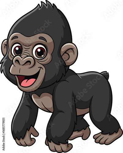 Cartoon baby gorilla illustration, cute jungle ape drawing, happy monkey character, funny primate artwork, smiling animal clipart, playful wildlife cartoon design