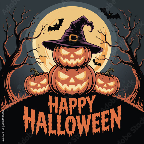 Spooky pumpkin stack with witch hat and bats halloween