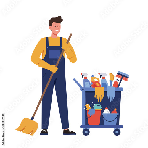 Janitor with cleaning cart and mop in uniform performing janitorial duties indoors vector illustration 