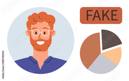 Smiling bearded man in glasses alongside a pie chart and Fake label. Ideal for digital identity, misinformation, data integrity, statistics, analysis, online safety, simple flat metaphor