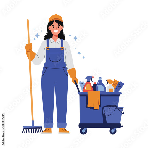 Female janitor cleaning staff with mop and cleaning supplies in blue uniform and orange gloves standing with cleaning cart vector illustration 