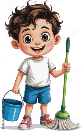 Cartoon boy holding mop and bucket, cute child cleaning illustration, happy kid character, household chore artwork, smiling boy doing housework design