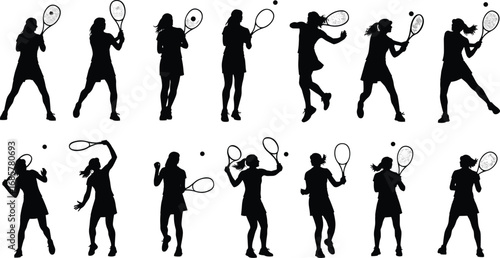 Vector silhouettes of female tennis player in fourteen dynamic poses with racket and ball, showing athletic movement, technique, and sports action