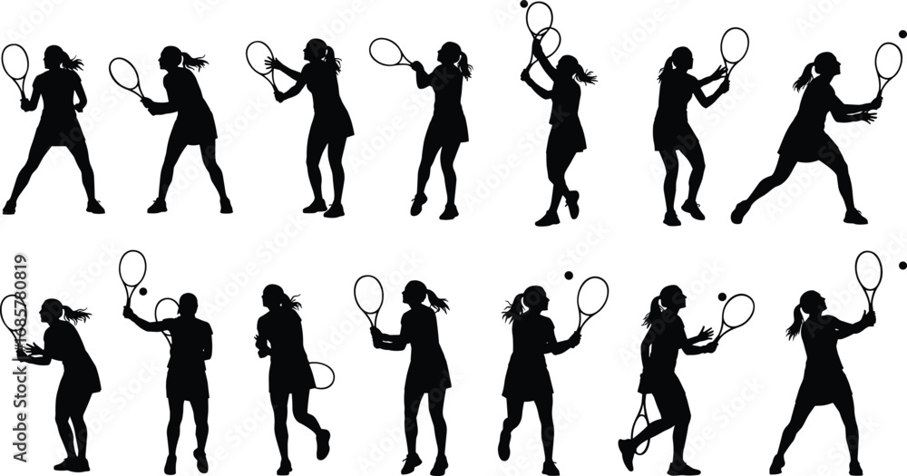 Naklejka premium Vector silhouettes of tennis player in fourteen action poses with racket and ball, showing dynamic movement, technique, and athletic performance