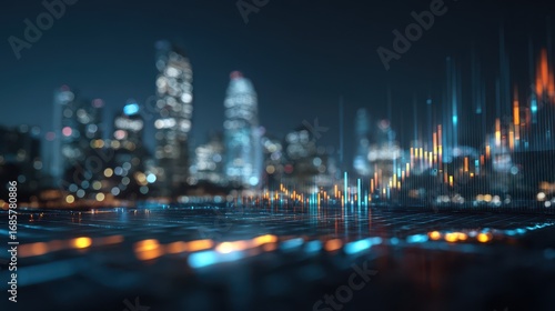 Fototapeta Naklejka Na Ścianę i Meble -  City skyline with vibrant digital data visualization at night showcasing financial trends and market analysis