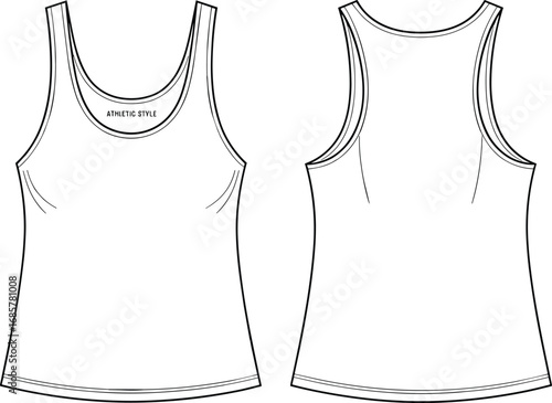 Vector technical sketch of women’s athletic tank top with racerback, scoop neckline, curved hem, binding finish, and printed label