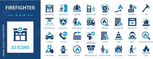 Firefighter flat icons collection. Flame, firefighter, fire truck, fire sprinkler, fireman, fire risk, siren, extinguisher, fire alarm, fire safety, fire station sign set.