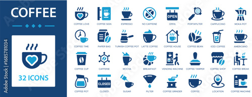 Coffee flat icons collection. Espresso, sugar, filter, no caffeine, coffee bean, coffee shop, caffeine, coffee cup, latte, cappuccino, coffee machine sign set.