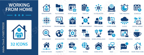 Working from home flat icons collection. Freelancing, online meeting, work online, digital nomad, desk, schedule, home office, remote work, hourly sign set.