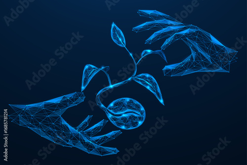 The digital seed of life. Two hands neatly framing a sprout sprouting from a seed. The concept of growth, innovation, and harmony between technology and nature.