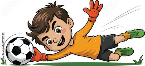 Cartoon soccer goalkeeper boy illustration, cute child saving football, happy kid playing sports, smiling character design, athletic cartoon children artwork