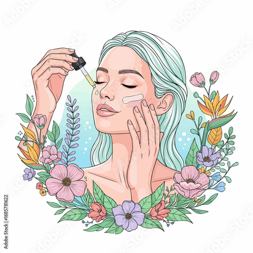 A woman applying skincare products with a dropper, surrounded by a floral arrangement, promoting beauty and wellness.