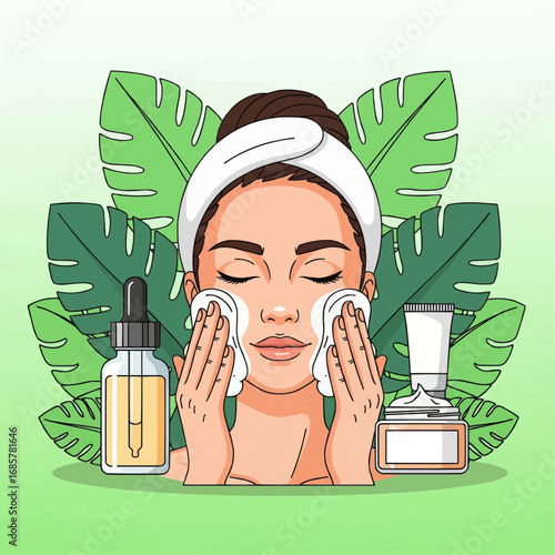 Woman using skincare products with leaves in the background, illustration.