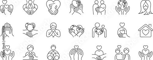 Charity icons, love outline, care vector, family support, world heart, volunteer symbol, helping hands, home care, kindness, editable stroke