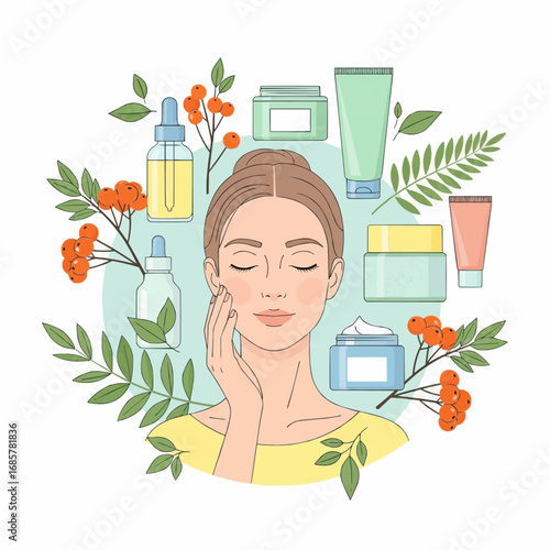 Illustration of a woman's skincare routine with natural cosmetic products, leaves, and rowan berries.