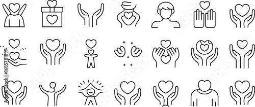 Charity love icons, donation care symbols, helping hands vector, giving heart design, kindness support outline, nonprofit aid graphics, volunteer compassion illustration
