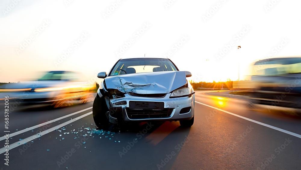 Naklejka premium Damaged car on highway after collision in daylight