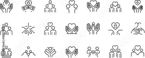 Charity support icons set, family care, love symbols, community help, giving hands, friendship, compassion, volunteer aid, healthcare, donation vector