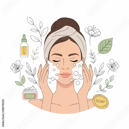 A woman with her eyes closed is washing her face with foam, surrounded by botanical elements and skincare products.
