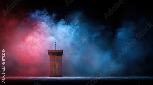 A wooden podium stands center stage, illuminated by dramatic lighting. Blue and red smoke billows around it, creating an atmospheric and captivating scene. A single microphone is.