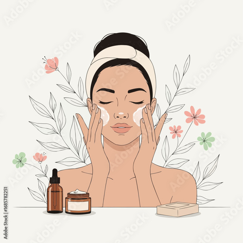 Woman applying facial cream as part of her skincare routine, surrounded by botanical elements and beauty products.