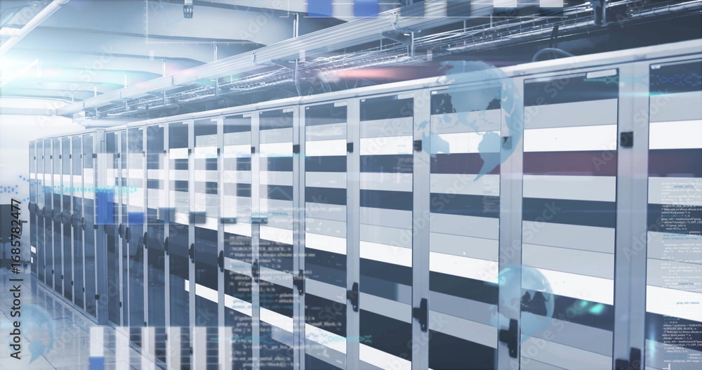 Obraz premium Extending row of server cabinets filling data center aisle, with digital code and globe overlays