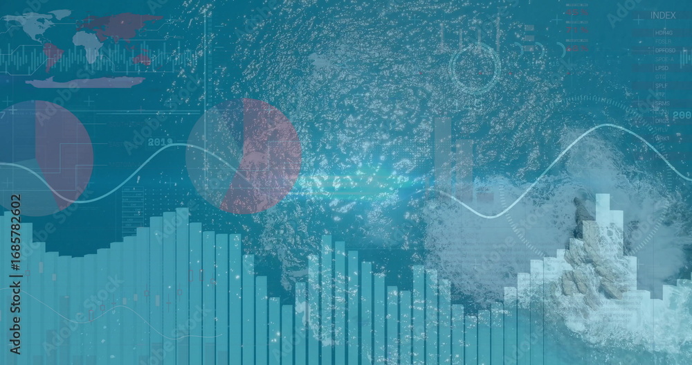 Fototapeta premium Displaying jetty with breaking waves being overlaid by data visualizations at sea, copy space