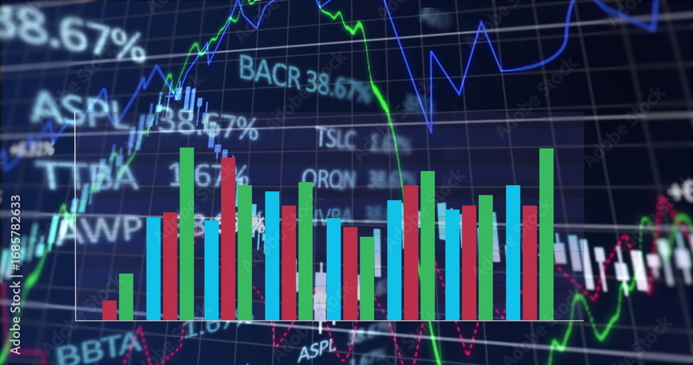 Fototapeta premium Showing multicolored financial chart on screen, with candlestick bars, line graphs and gridlines
