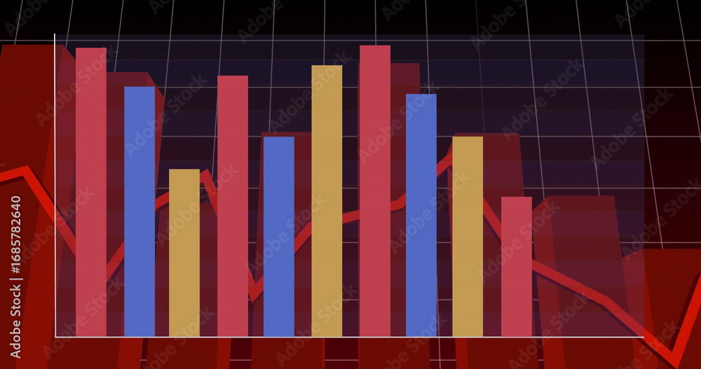 Fototapeta premium Displaying grouped bar chart on dark grid with white gridlines, colored bars and red line graph