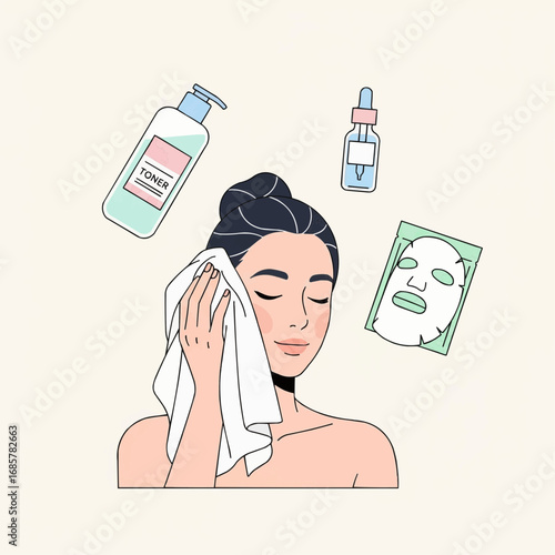 Aesthetic illustration of a woman performing her daily skincare routine with various beauty products like toner, serum, and face mask