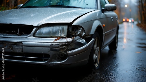 Damaged silver car on a wet road after accident