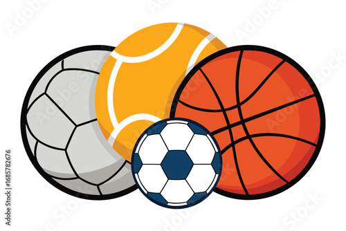Collection of various sports balls including soccer, basketball, tennis, and volleyball